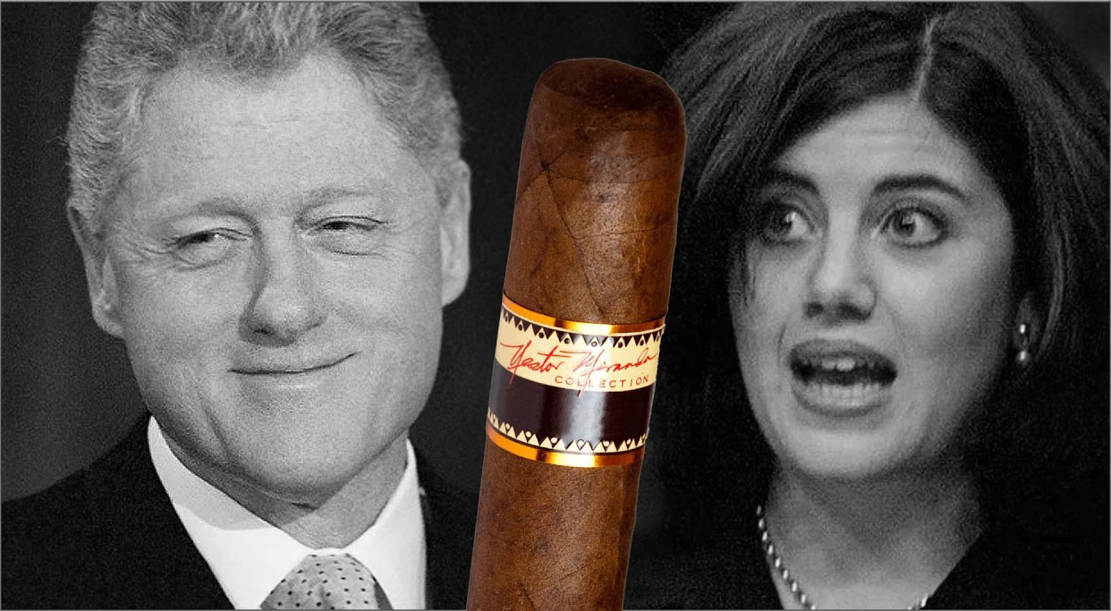 President Bill Clinton, White House intern Monica Lewinsky, and an unnamed cigar...